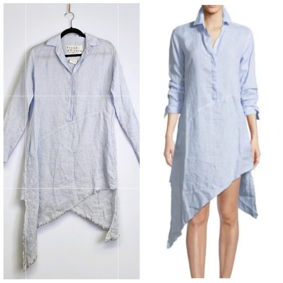 Frank & Eileen Dresses & Skirts - Frank & Eileen Cotton Blue White Pinstripe Shirt Dress XS Assymetrical Raw Hem